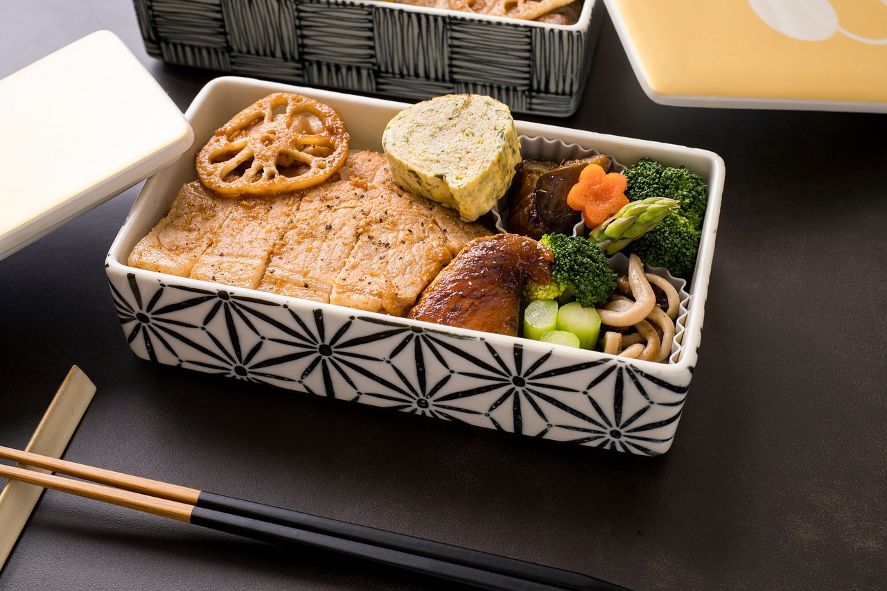 Bento box japonaise avec portions équilibrées de viande, légumes et accompagnements, illustrant la méthode Shokuiku